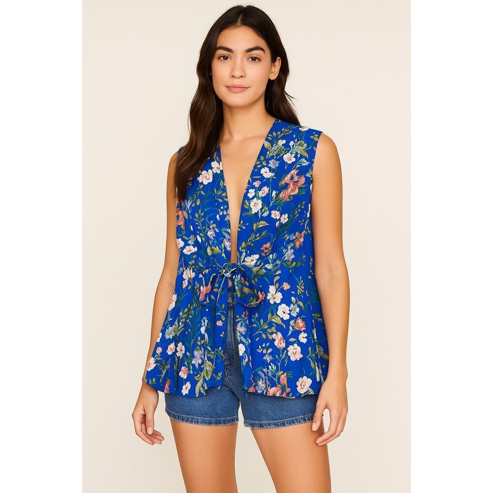 Yumi Kim Blue Floral Tie-Front Kimono Top - Size S